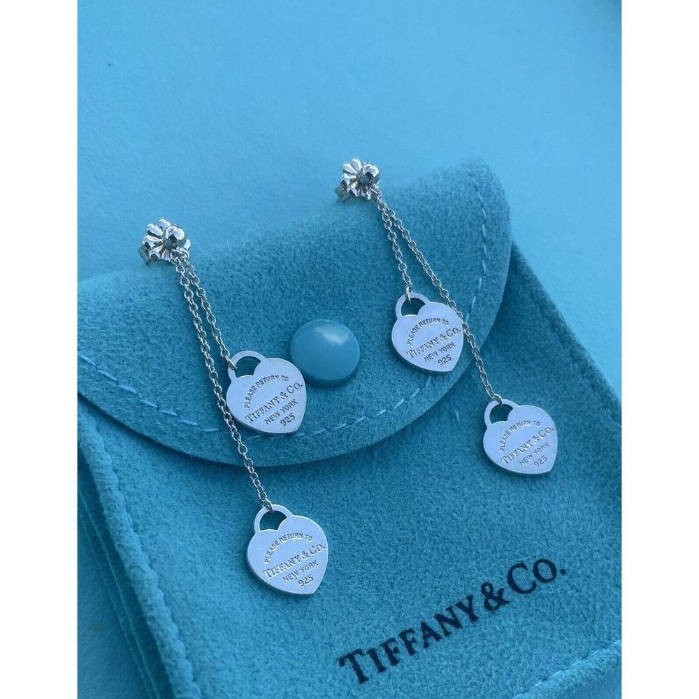 RARE Return Tiffany & Co. Silver 10mm Double Heart Dangle Drop Stud Earrings 925